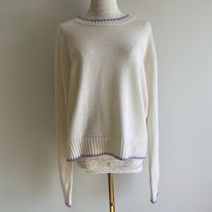 Aspen Cream Knit Sweater Purple Trim Crew Neck Long Sleeve Women's XL Merino